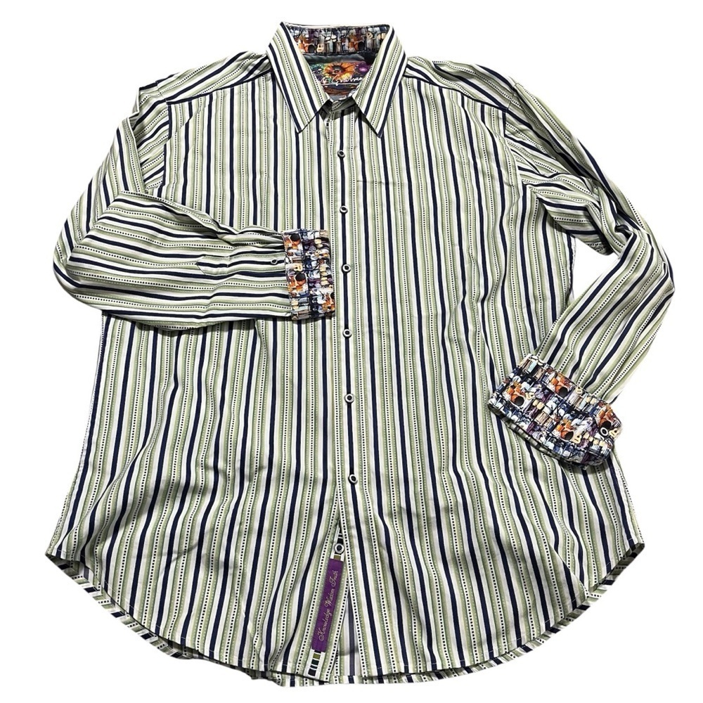 Robert Graham Multicolor Stripe Dress Shirt Size Large colorful cuff drum guitar